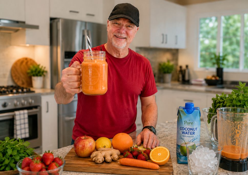 Smiling man in a red shirt holding a freshly made Immune Booster Splash smoothie in a modern kitchen, surrounded by strawberries, carrot, apple, citrus fruit, ginger, coconut water, and ice.