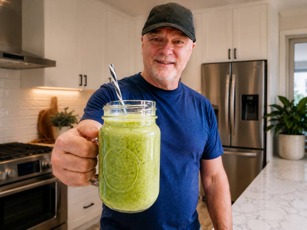 Man holding a Green Dinner Balance Smoothie in a modern kitchen with the smoothie featured prominently in the foreground.