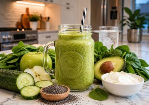 Green Dinner Balance Smoothie in a mason jar on a kitchen benchtop surrounded by fresh spinach, cucumber, green apple, avocado, chia seeds, and cream cheese ingredients.
