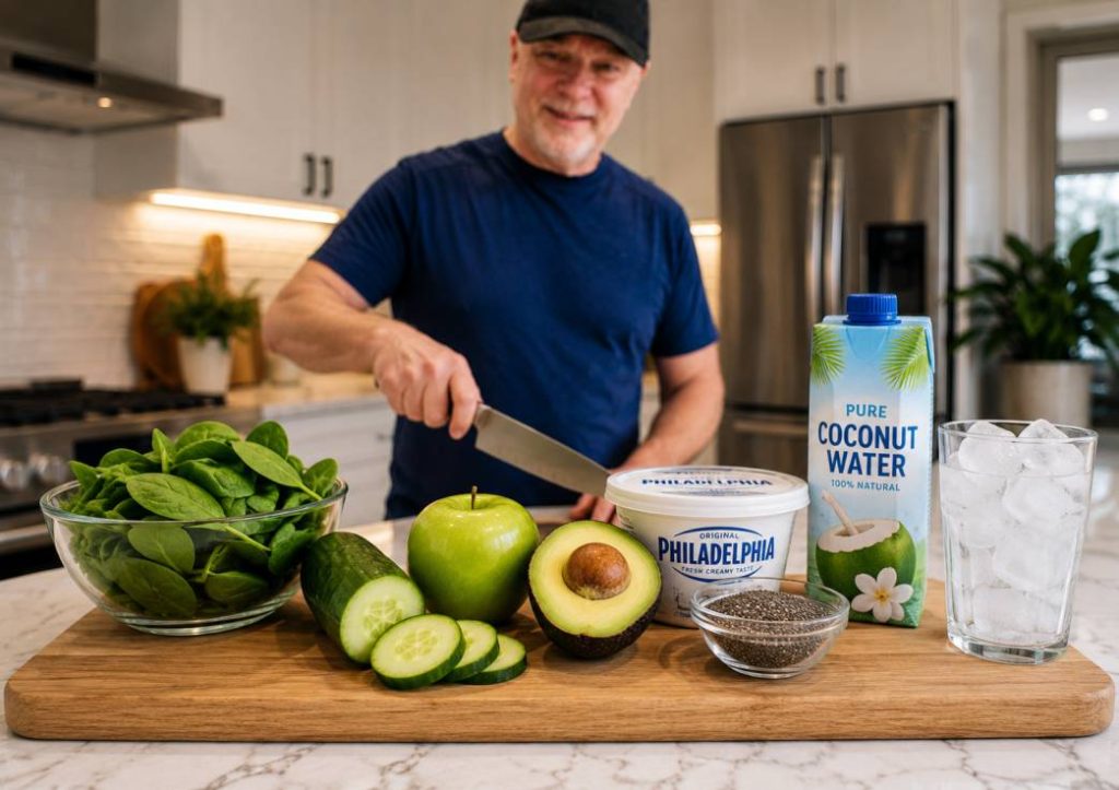Fresh ingredients for a Green Dinner Balance Smoothie displayed on a wooden chopping board in a modern kitchen, including spinach, cucumber, green apple, avocado, Philadelphia cream cheese, chia seeds, coconut water, and a glass of ice, with a man preparing the ingredients in the background.
