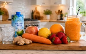Ingredients for an Immune Booster Splash smoothie including carrot, apple, lemon, orange, strawberries, fresh ginger, coconut water, ice, and a finished orange smoothie displayed on a wooden chopping board in a modern kitchen.