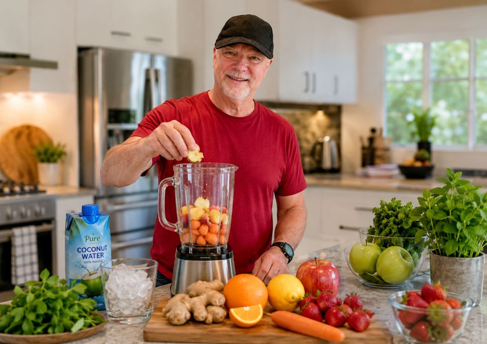 Man in a red shirt preparing an Immune Booster Splash smoothie in a modern kitchen, adding ingredients to a blender surrounded by fresh fruit, ginger, coconut water, and ice.