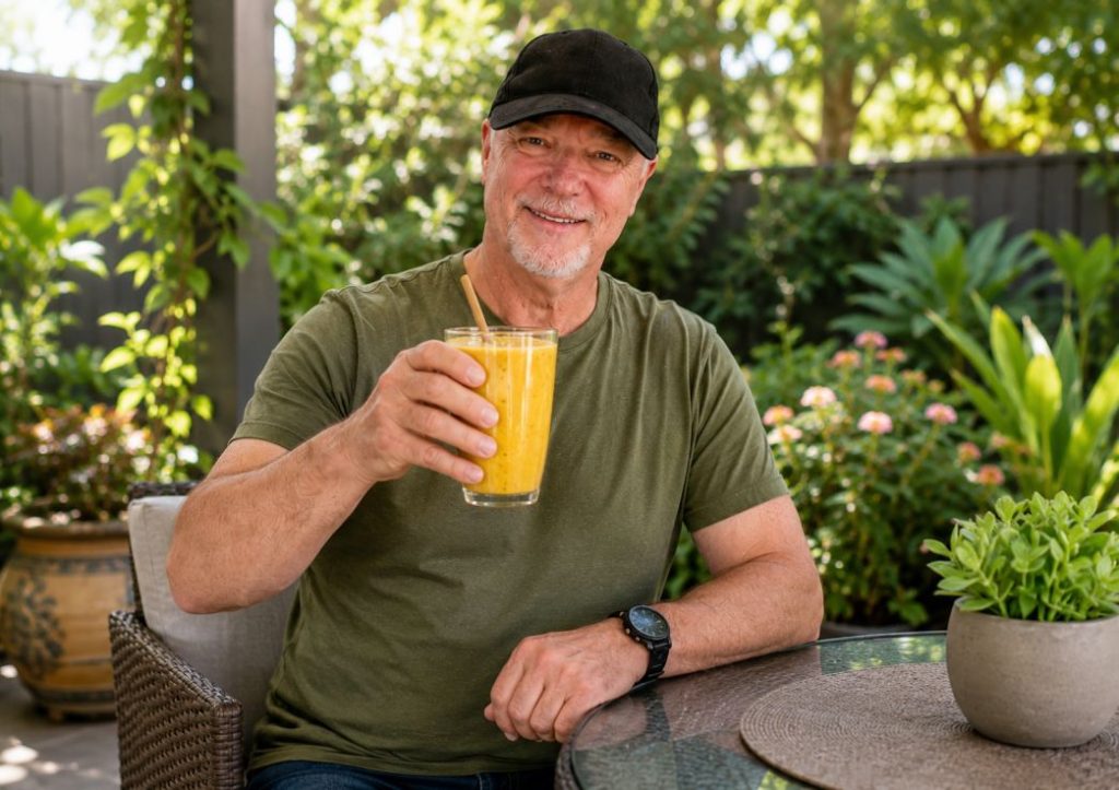 Man sitting in a garden patio area enjoying a Morning Glow Smoothie, surrounded by lush plants, trees, and outdoor greenery on a sunny day.