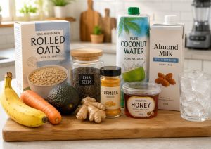 Fresh ingredients for a Morning Glow Smoothie arranged on a wooden cutting board in a bright kitchen, including banana, carrot, avocado, rolled oats, chia seeds, ginger, turmeric, honey, coconut water, almond milk, and ice.
