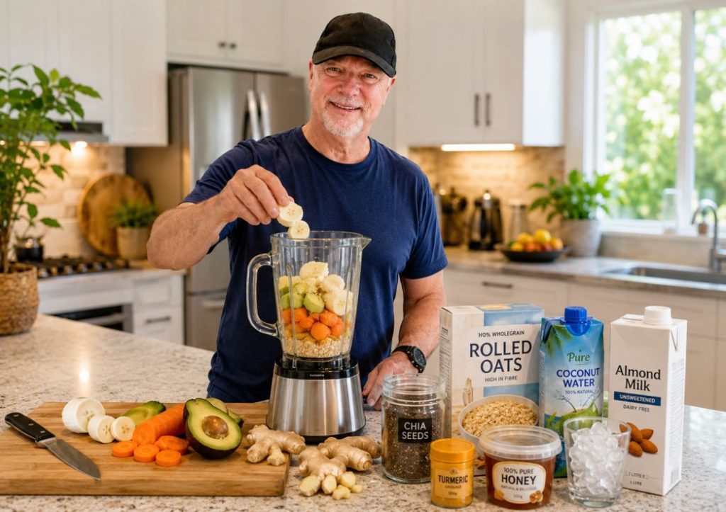 Man in a modern kitchen preparing a Morning Glow Smoothie by adding banana slices to a blender surrounded by banana, carrot, avocado, rolled oats, chia seeds, ginger, turmeric, honey, coconut water, almond milk, and ice.