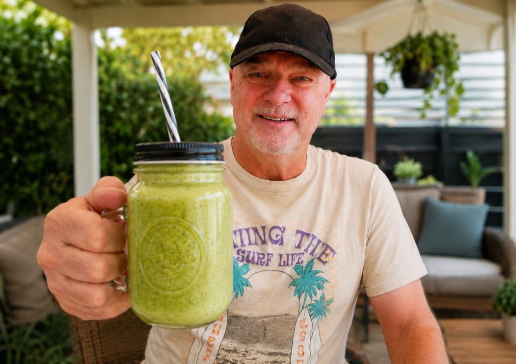 Man sitting on an outdoor patio holding a Supercharged Carrot Ginger Dinner Smoothie in a glass jar toward the camera.