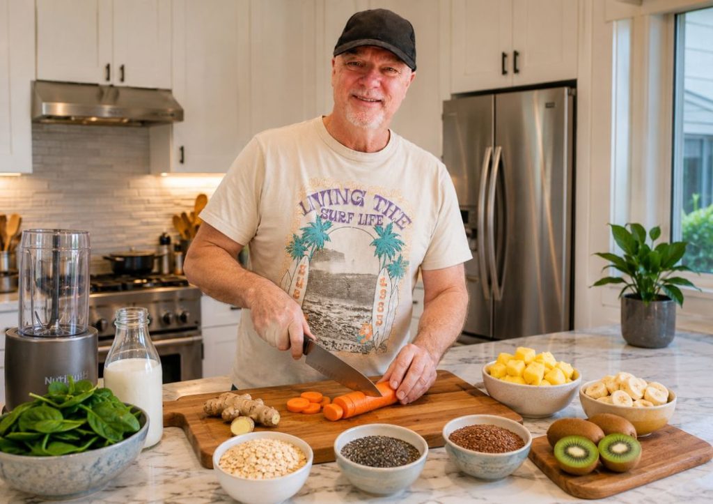 Man preparing ingredients for a Supercharged Carrot Ginger Dinner Smoothie in a modern kitchen, chopping carrots beside pineapple, banana, kiwifruit, spinach, oats, chia seeds, flaxseed, ginger, and milk.