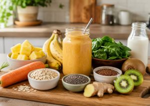Supercharged Carrot Ginger Dinner Smoothie ingredients arranged on a wooden cutting board in a bright kitchen, featuring carrot, pineapple, banana, kiwifruit, spinach, oats, chia seeds, flaxseed, ginger, milk, and a freshly blended smoothie in a glass jar.